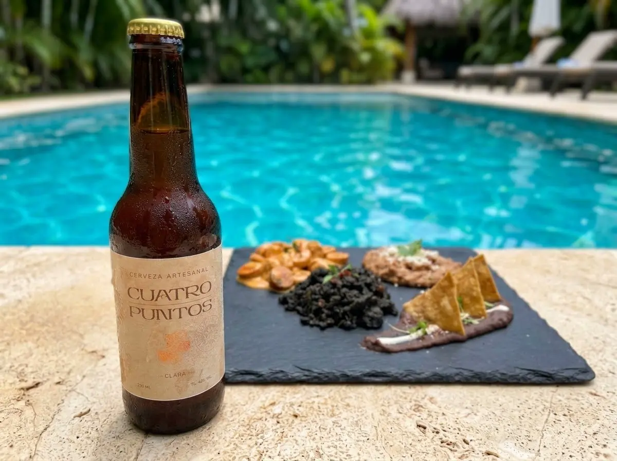 Botella Cuatro Puntos con botana junto a la alberca